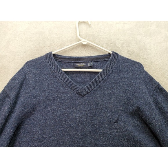 Nautica Sweater Mens XL Navy Knit Cotton Long Raglan Sleeve V Neck Logo Pullover - Picture 4 of 9